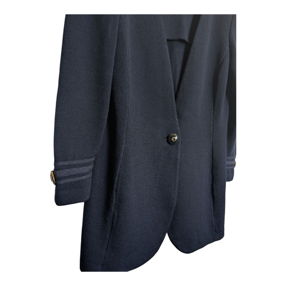 St John's Knit Long Blazer Cardigan Navy Blue One Button Wool Blend - Picture 2 of 8